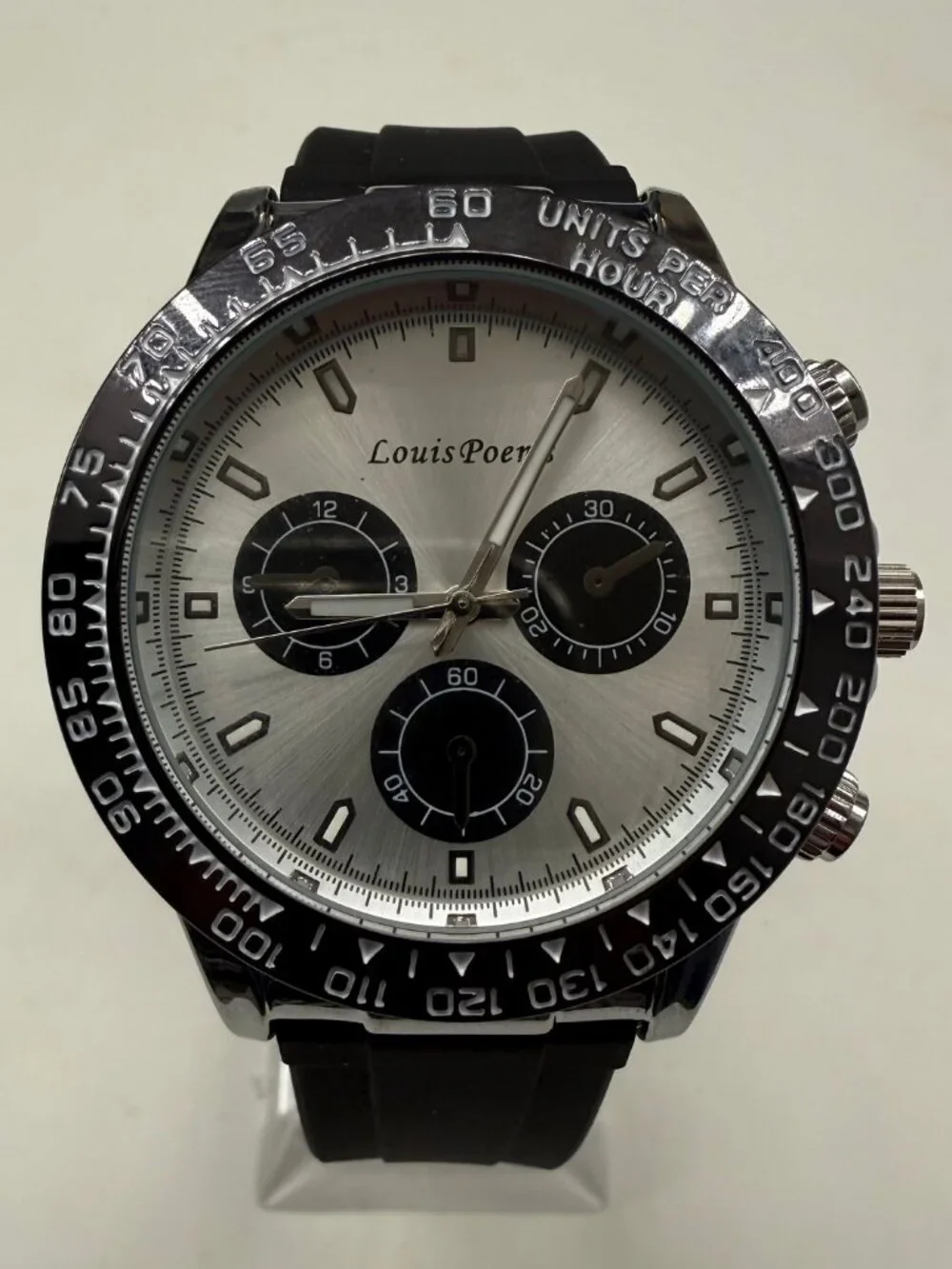 LOUIS POEMS MENS BLACK SILVER 42MM RUBBER BAND WATCH NEW